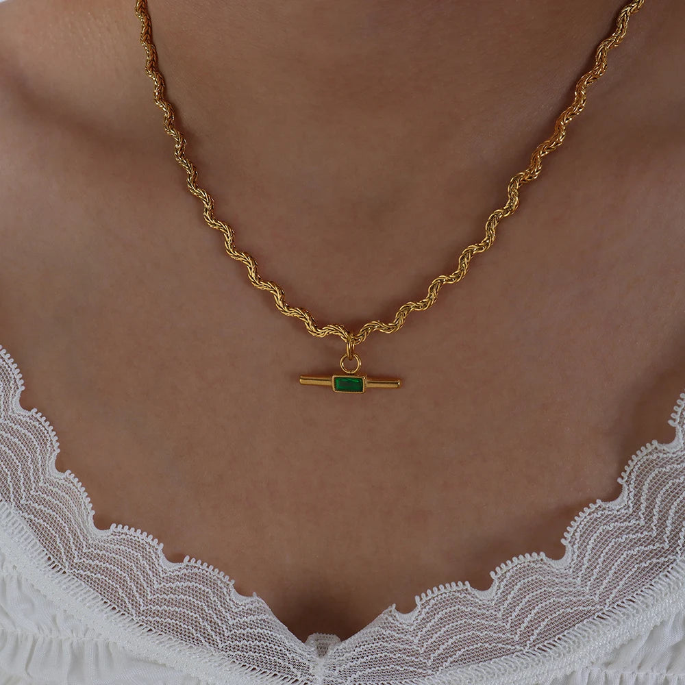 Unique Wavy Line Shape Necklace For Women 18k Gold Plated With Green Black Glass Stone Pendant Women's Neck Chain Necklaces