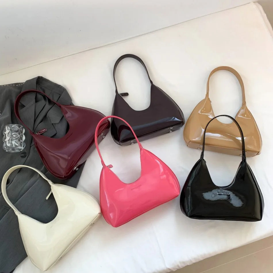 Elegant Women’s Crescent Bag – Solid Color Patent Leather Handbag