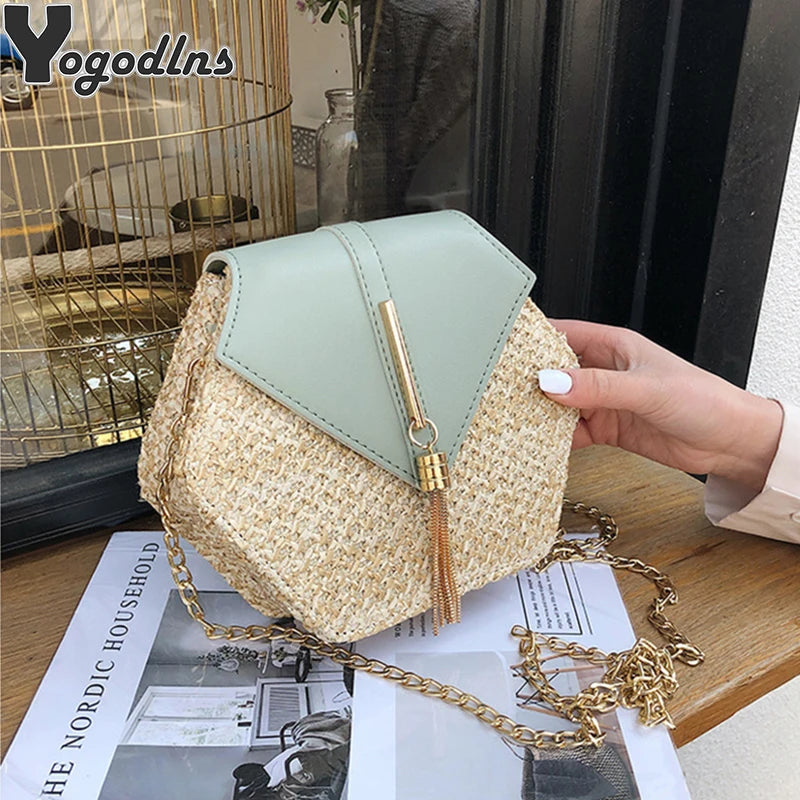 Elegant Handmade Straw Handbag – Hexagon Boho Beach Bag