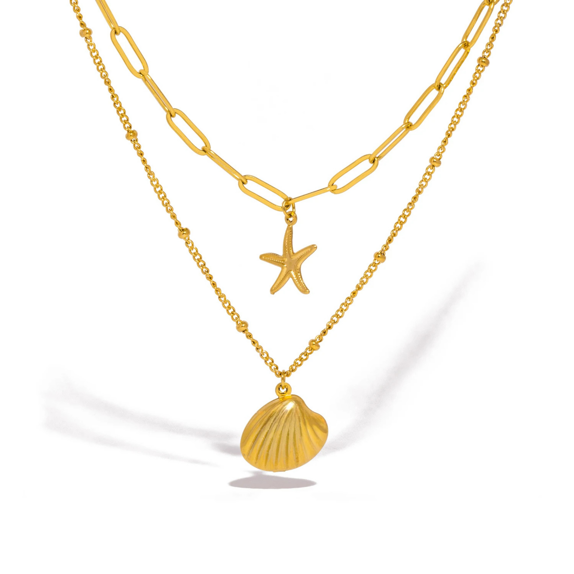 layered necklace with starfish and seashell pendants, elegant beach-inspired jewelry for women